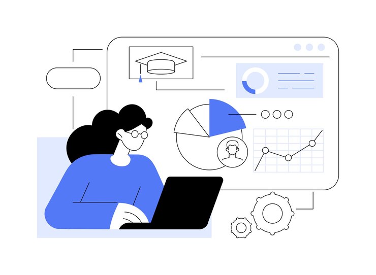 Vector online mba isolated cartoon vector illustrations concentrated girl with laptop doing getting mba course business management and operations virtual education distance learning vector cartoon