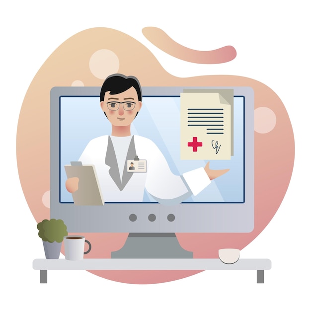 Online medical advice illustration monitor doctor man