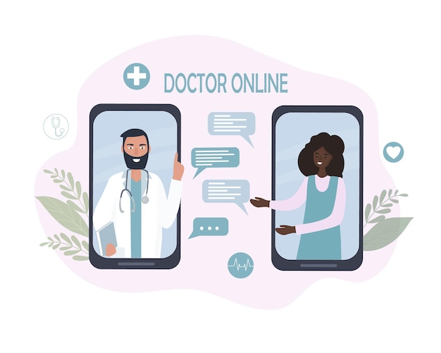 Consulenza e assistenza medica online. telemedicina, comunicazione a distanza tra il paziente e il medico.