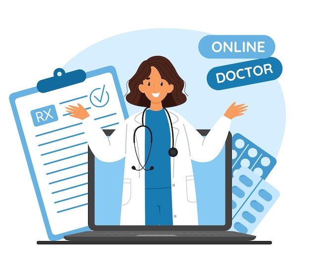 online medical consultation concept with a doctor visible on a computer screen surrounded by pills
