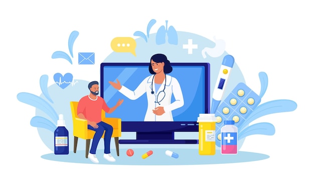 Online medical consultation and support. Ask a doctor. Physician with stethoscope on computer screen. Video conferencing, call meeting at home. Therapist appointment. Telemedicine