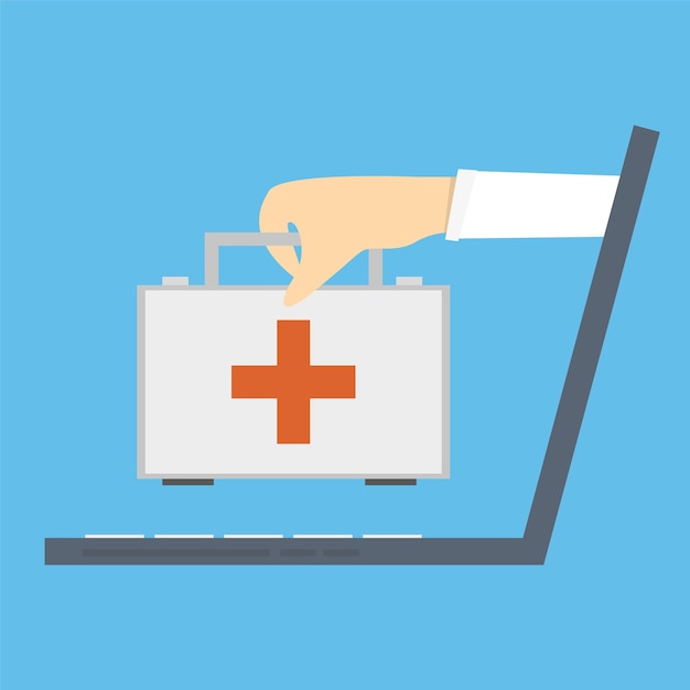 Online medical consultation and support. online doctor. vector illustration - hand with a medical suitcase through a laptop screen