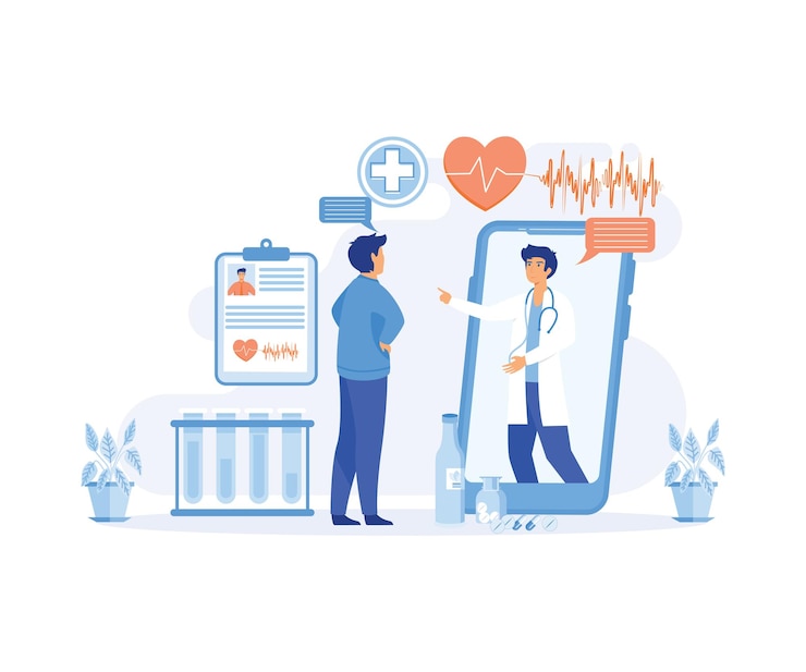 Vector online medical consultation and support services concept doctor videocalling on smartphone screen