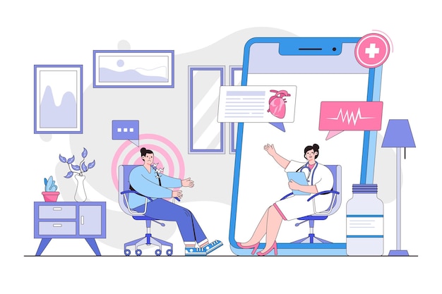 Online medical healthcare consultation concept with character Outline design style minimal vector illustration for landing page web banner infographics hero images