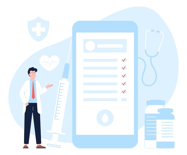 Online medical record health report on smartphone screen Medicine check up and doctor Digital medicine service telemedicine recent vector concept Illustration of medical record