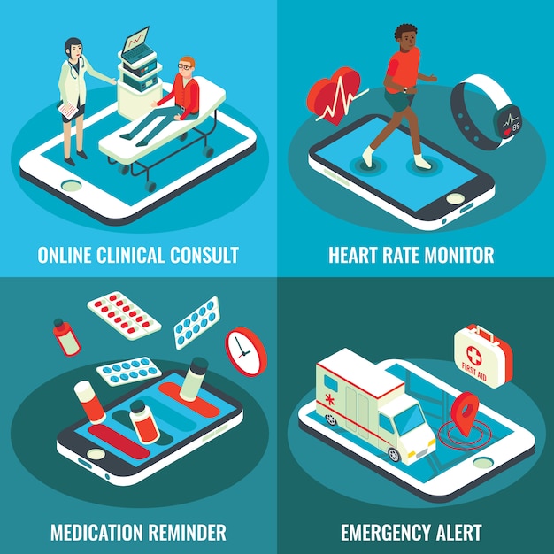 Vector online medical services flat isometric banner set