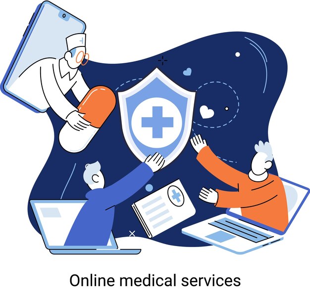 Vettore servizi medici online consulenza su applicazioni mobili e prescrizione di medici professionisti che si collegano e forniscono consulenza per il programma di assistenza sanitaria metafora del concetto di telemedicina del paziente