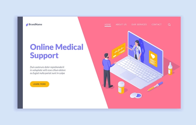 Vettore supporto medico online banner isometrico vettoriale