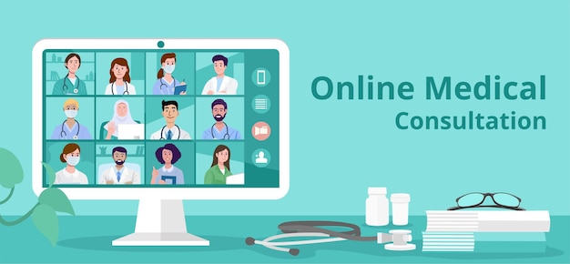 Videoconferenza medica online con team di medici e infermieri