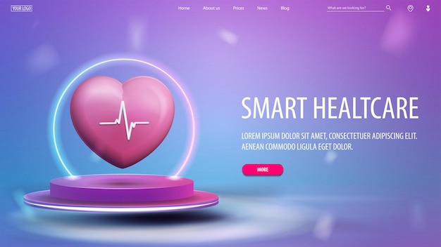 Online medicijnbanner met 3d hart op roze podium met neon frame op achtergrond