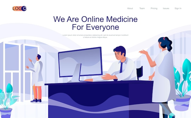 Online medicine concept isometric landing page people work in medical clinic consultation