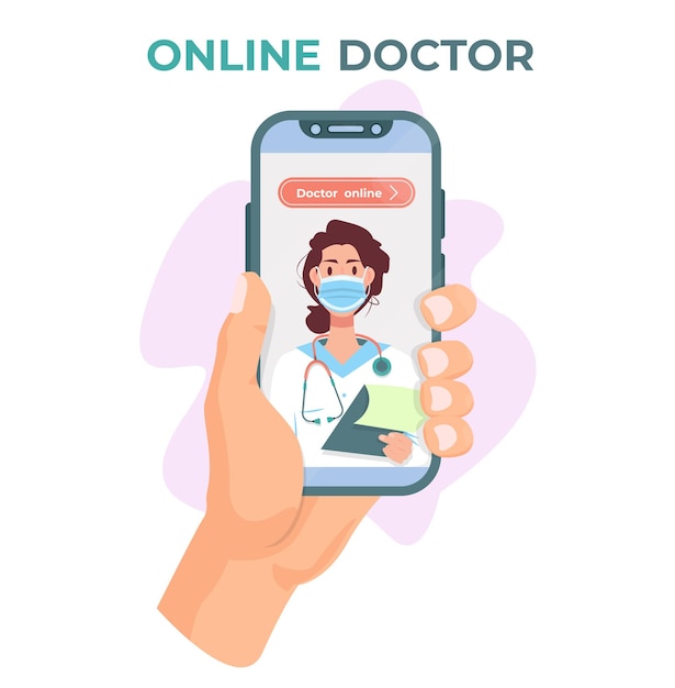 Online medicine concept Online consultation of a doctor Hand holding  phone Flat vector illustration