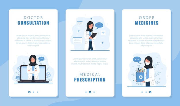 Online medicine service set Arabian woman doctor giving virtual medical consultation and digital prescription Delivery medicines Telemedicine concept Vector illustration in flat cartoon style