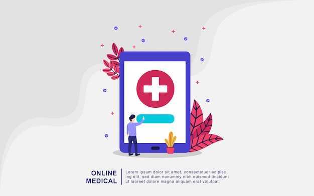 Online medisch concept. online geneeskunde vector illustratie concept, arts en verpleegkundige zorg voor de patiënt. gezondheidszorg concept. internet drogisterij. medische diagnose in het ziekenhuis. arts online