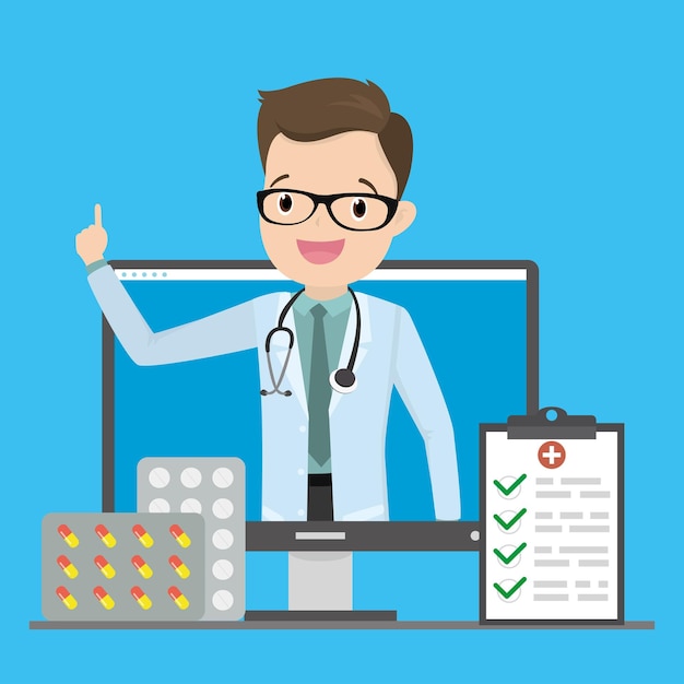Online medische consultatie gelukkige mannelijke arts personage op monitor scherm vector