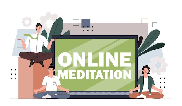 Vector online meditatie concept gezondheidszorg en actieve levensstijl mensen in lotus positie strekken en