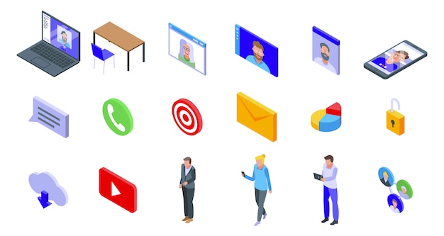 Online meeting icons set, isometric style