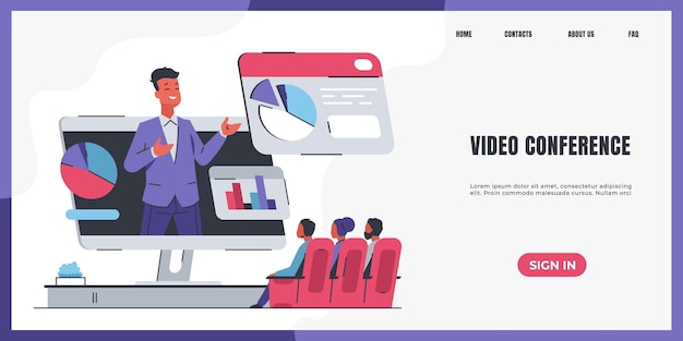 オンライン会議のランディングページ見出しのテキストとボタンを備えたwebサイトインターフェイスビデオ会議とインターネットプレゼンテーションビジネスまたは個人的な成長トレーニングベクトルコンピューター画面