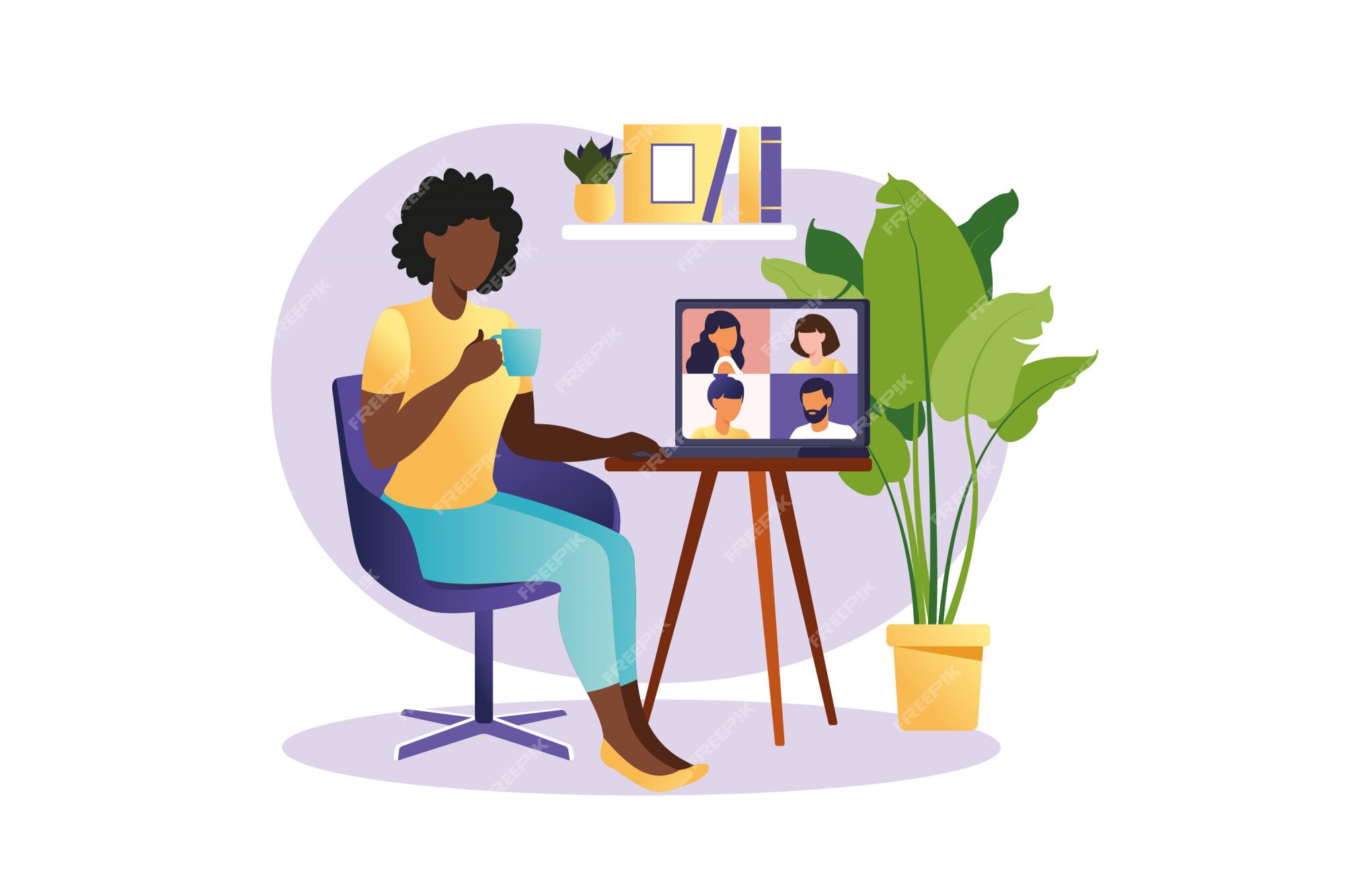 African girl friends chat online. Girl sitting in a chair in front of a  laptop and speaks with friend. Video conference, online chat concept.  Working or online meeting from home. Vector illustration.