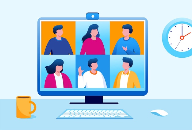 Online meeting with computer screen flat vector illustration for banner and landing page
