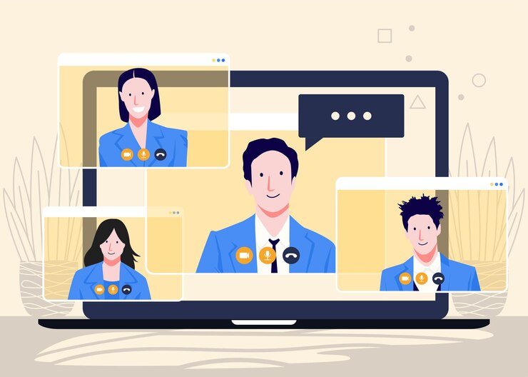 Vector 홈 벡터 디자인에서 온라인 회의 및 작업 원격 작업 회의에서 남자와 여자