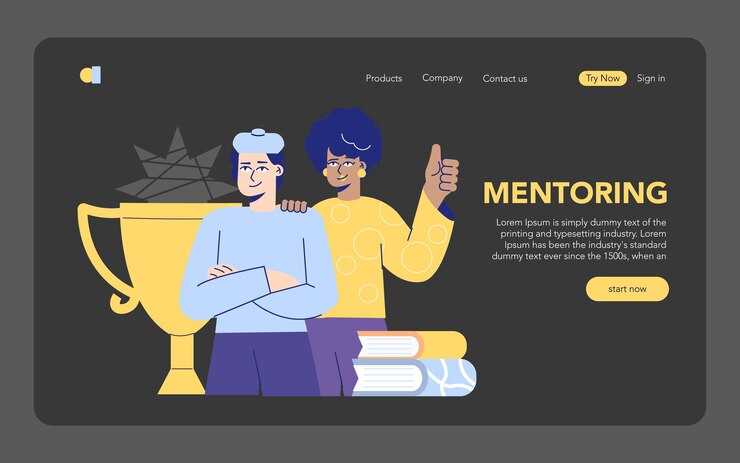 Vector online mentoring concept two people with a trophy symbolizing success on a website interface
