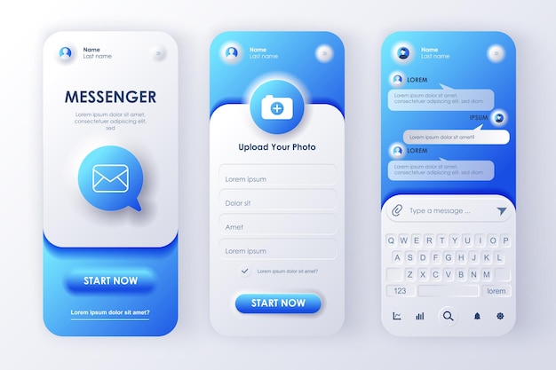 Online messenger concept neumorphic templates set Login and registration form UI UX GUI screens