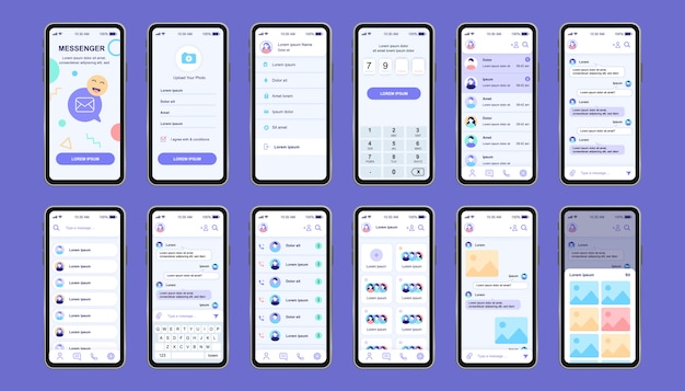 앱용 온라인 메신저 고유의 디자인 키트. 사용자 메뉴 및 프로필, 연락처, 키보드와 채팅이 가능한 소셜 네트워크 화면. 모바일 메신저 UI, UX 템플릿 세트. 반응 형 모바일 애플리케이션을위한 GUI