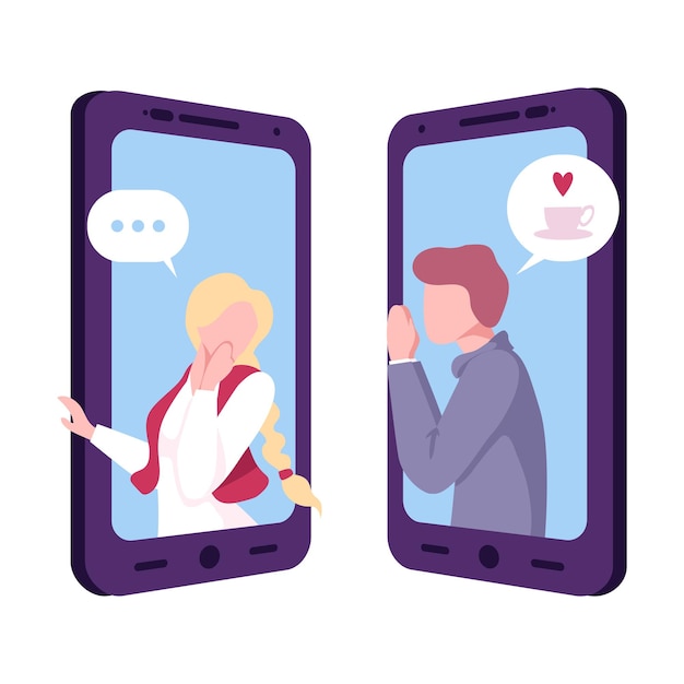 Vector online mobiele date chat of gesprek van mensen via smartphones tekst bubbels op schermen van twee mobiele telefoons tegenover elkaar platte vector illustratie