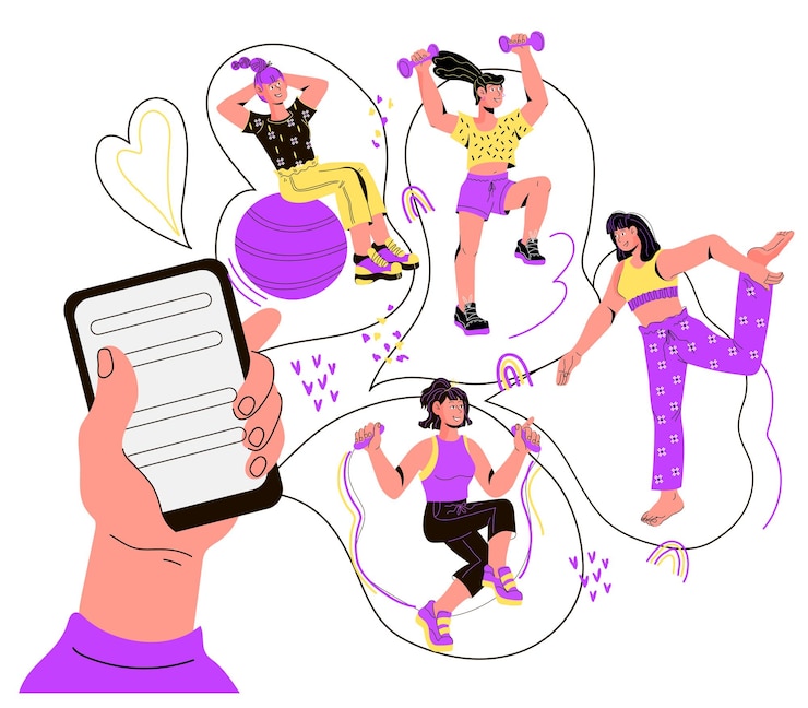 Vector online mobile app for women sport workout and fitness tracking cartoon vector illustration isolated