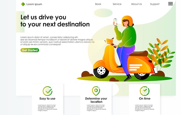 ランディングページのオンラインモバイルアプリケーションの注文のオートバイサービスの図