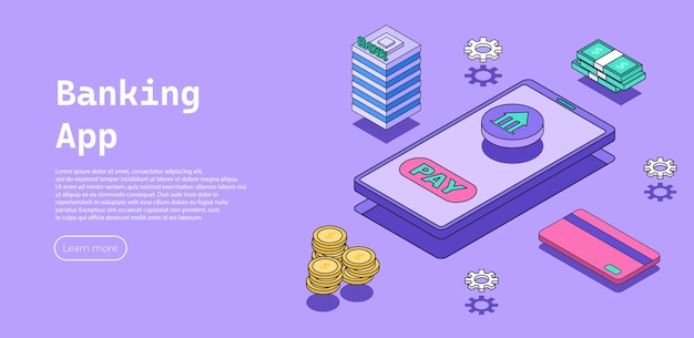 Vector online mobile banking phone app concept smart wallet concept with credit bank debit card payment application shopping by phone flat isometric vector illustration