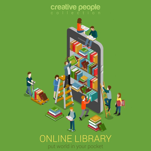 Vector online mobile library knowledge in pocket concept library shelfs in smart phone tablet litle people on ladders reading put take off books flat isometric  .