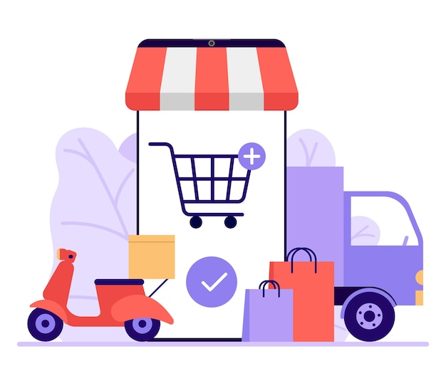 Vector online mobile shopping shop to online buy in store delivery of goods on car and motorbike