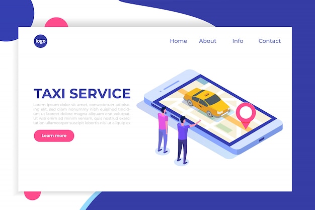 Онлайн мобильное такси приложение изометрической концепции. точка маршрута gps и желтая кабина.