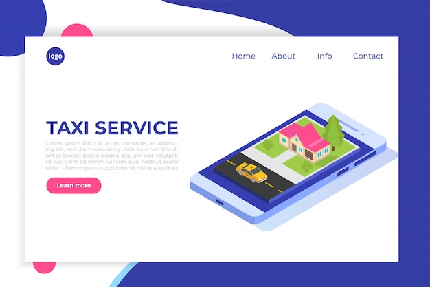 Online mobile taxi app isometric concept. gps route point and yellow cab.