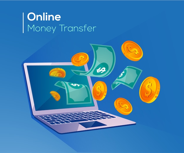 Online money transfer, digital payments with laptop