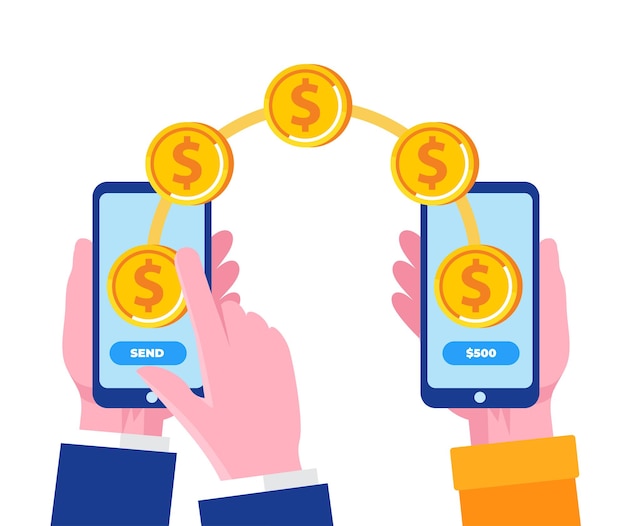 Online money transfer with smartphone flat vector illustration for banner and landing page