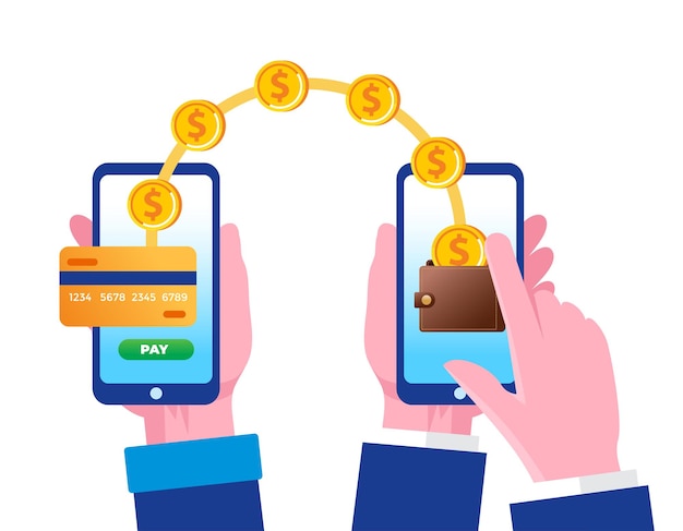 Online money transfer with smartphone flat vector illustration for banner and landing page