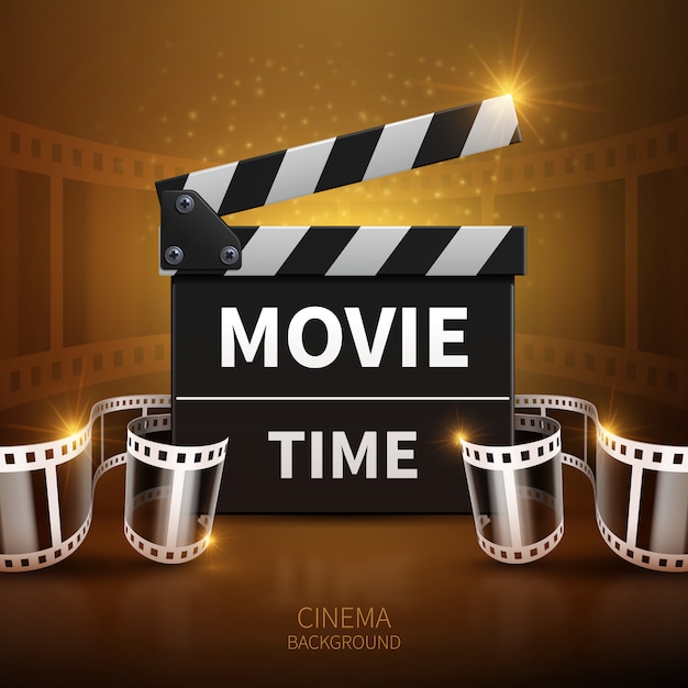 Online movie and television vector background with cinema clapper and film roll. Clapper board for f