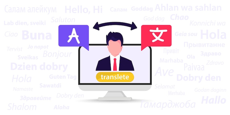 Vector online multi language translator. different languages. translation app. online translator. the word hello in different languages. synchronic translation services. using translator on computer