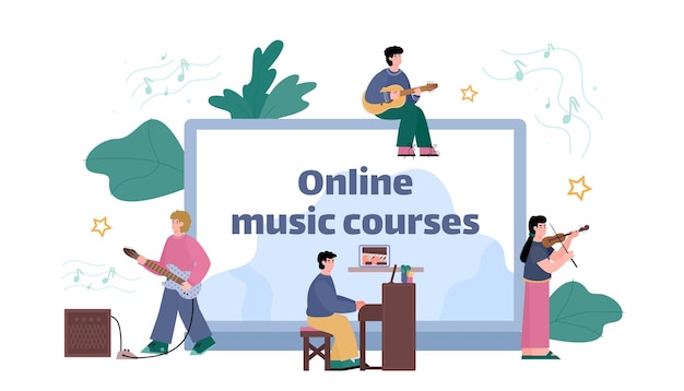 Vector online music courses website template flat cartoon vector illustration