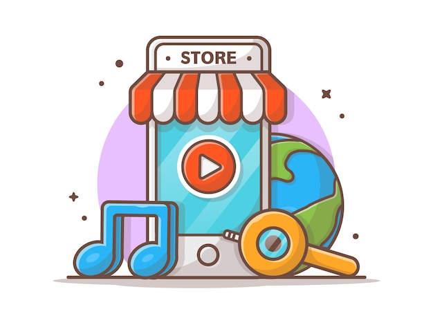 Online music store. mobile music shop with note icon  icon illustration. cloud music store white isolated