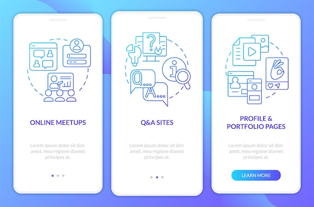 Online networking blue gradient onboarding mobile app screen