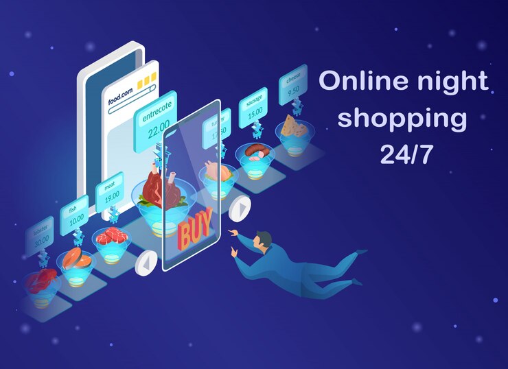 Vector online night shopping, man buying food products.
