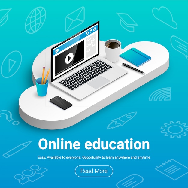 Online onderwijs banner. isometrische werkplek voor studie en werk aan cloud met pictogrammen en tekst.