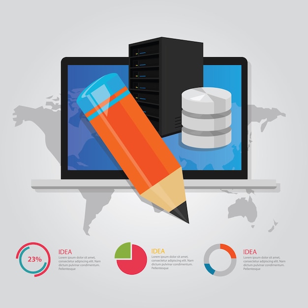 Online onderwijs e-learning technologie wereldwijd internet server database potlood