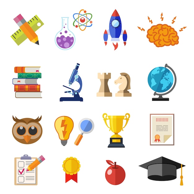 Online onderwijs flat icon set voor flyer poster website zoals baret boeken hersenen en trofee