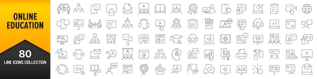 Online onderwijs lijn iconen collectie grote ui icon set in een plat ontwerp dunne omtrek iconen pack vector illustratie eps10