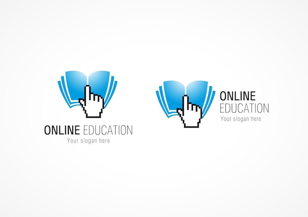 Online onderwijs logo Pixel hand lezing symbool icon set Internet school teken concept